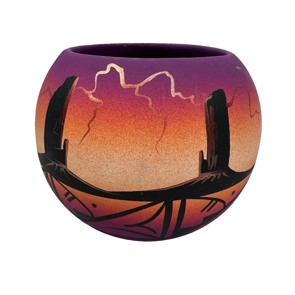 Jay Navajo‎ Hand Painted Purple Orange Desert Sunset Seed Pot Pottery Vase 4in